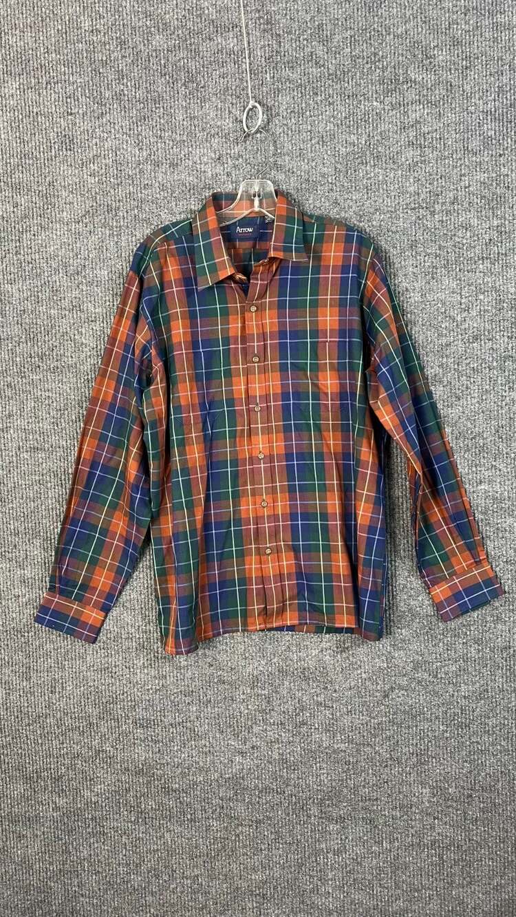 Vintage Arrow Button Up Shirt Mens Large Plaid Multi Color Long Sleeve Retro